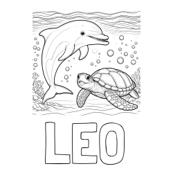 Online izdelana pobarvanka - Pobarvanka imena LEO in pobarvanka ljubkega delfina in njegove prijateljice želve