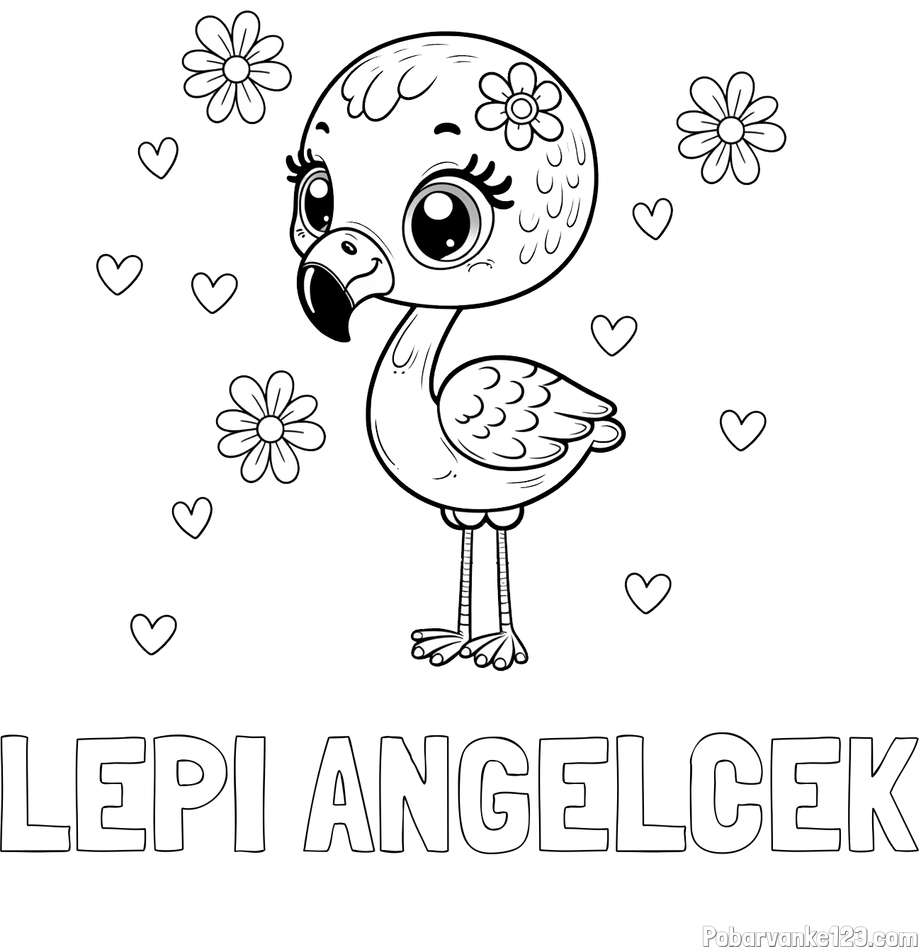 Pobarvanka imena LEPI ANGELČEK in pobarvanka mladička flaminga z rožicami in srčki