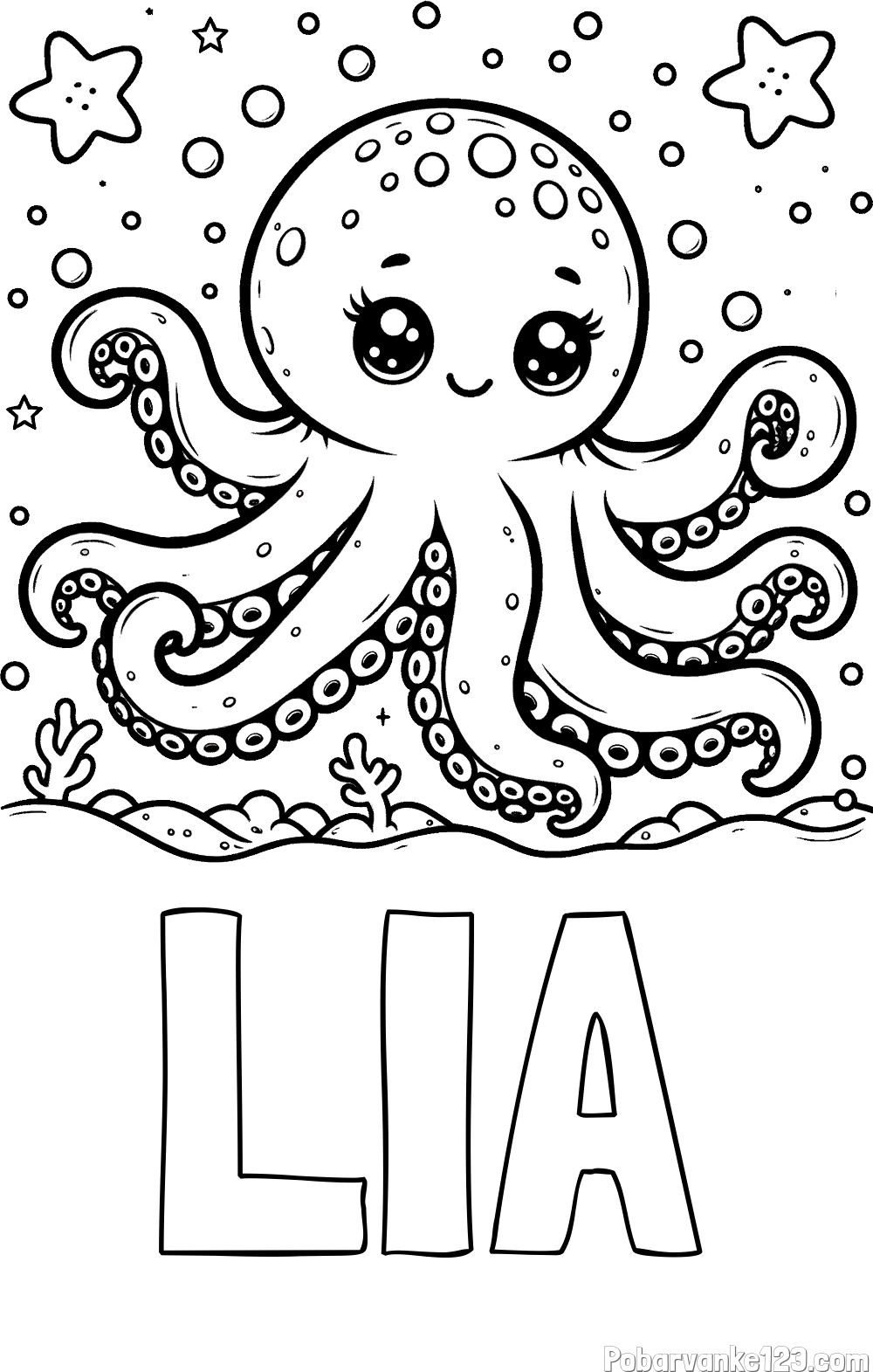Pobarvanka imena LIA in pobarvanka hobotnice v morju obdane z morskimi zvezdami