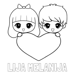 Online izdelana pobarvanka - Pobarvanka imena LIJA MELANIJA in pobarvanka fantka in deklice, ki objemata srček