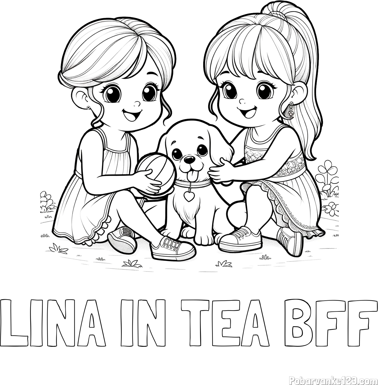 Pobarvanka imena LINA IN TEA BFF in pobarvanka prijateljic s kužkom