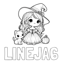 Online izdelana pobarvanka - Pobarvanka imena LINEJA6 in pobarvanka ljubke čarovnice, muce in buče