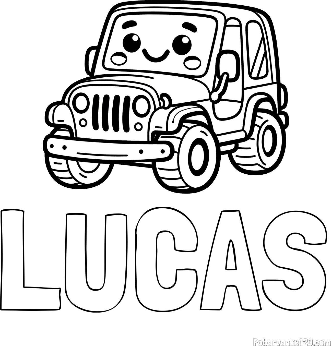 Pobarvanka imena LUCAS in otroška pobarvanka ljubkega džipa