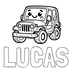 Online izdelana pobarvanka - Pobarvanka imena LUCAS in otroška pobarvanka ljubkega džipa