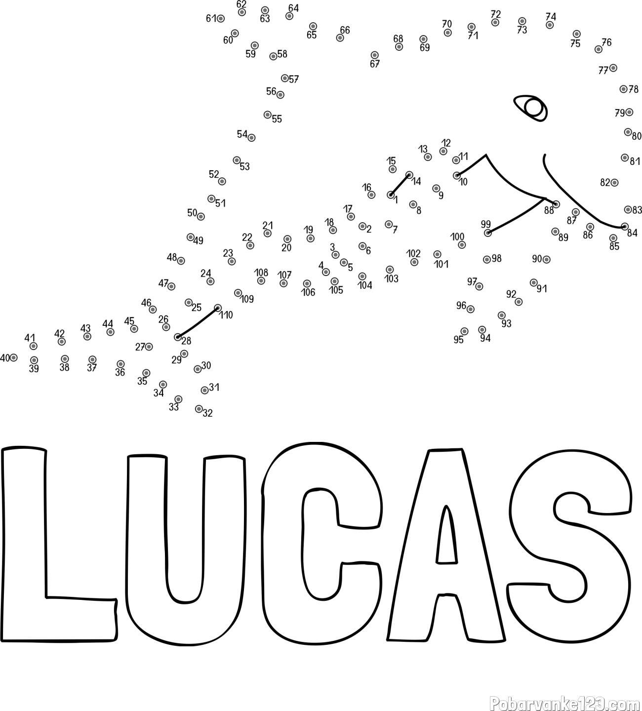 Pobarvanka imena LUCAS in pobarvanka delfina - poveži številke
