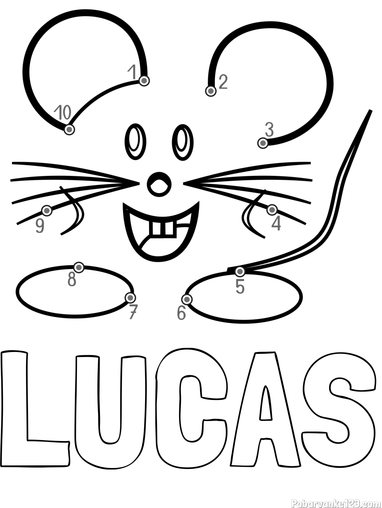Pobarvanka imena LUCAS in pobarvanka poveži številke - ljubka miška