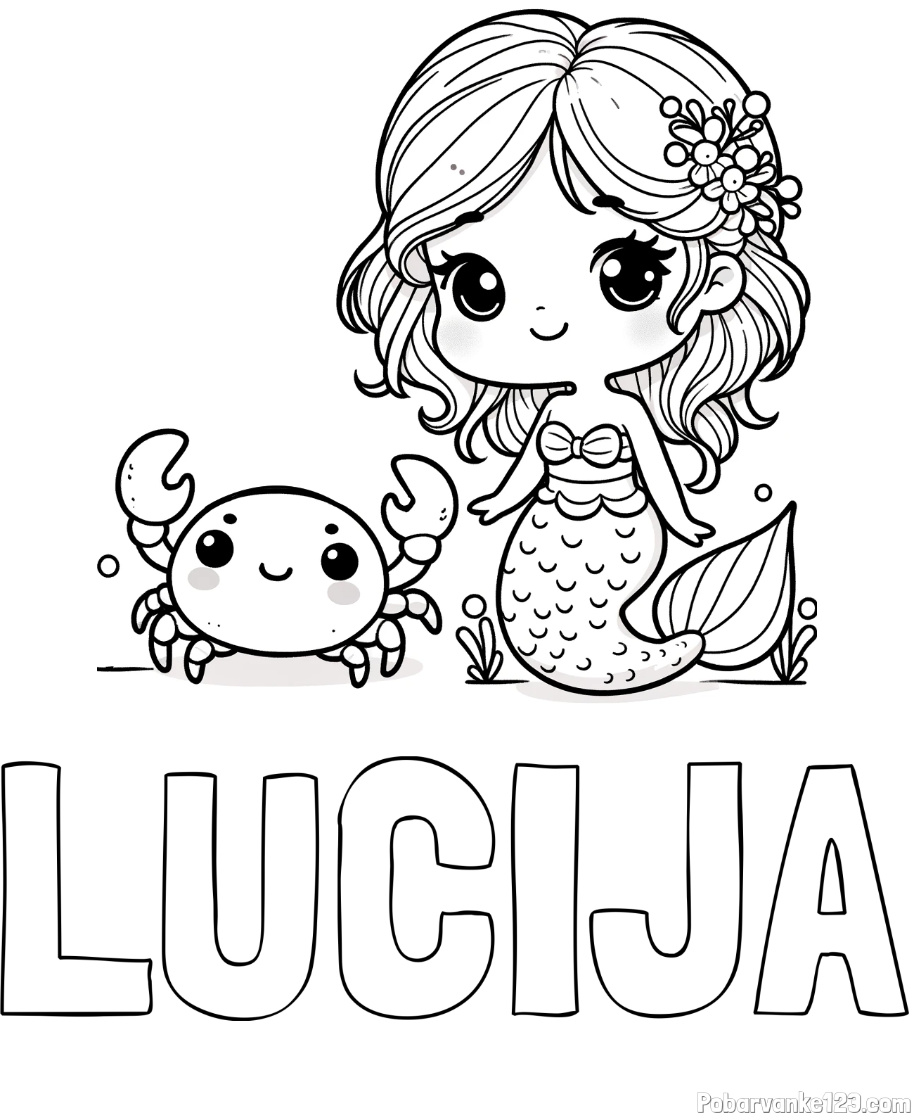 Pobarvanka imena LUCIJA in pobarvanka ljubke morske deklice in veselega raka