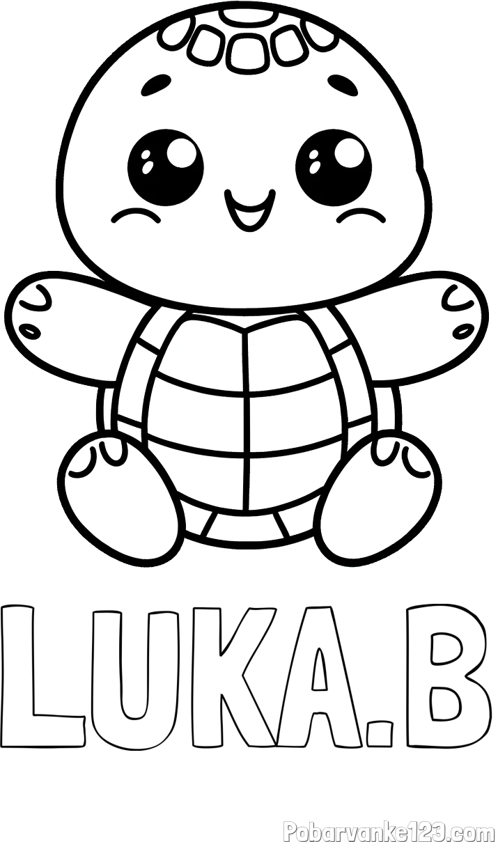Pobarvanka imena LUKA.B in otroška pobarvanka ljubke in nasmejane želvice