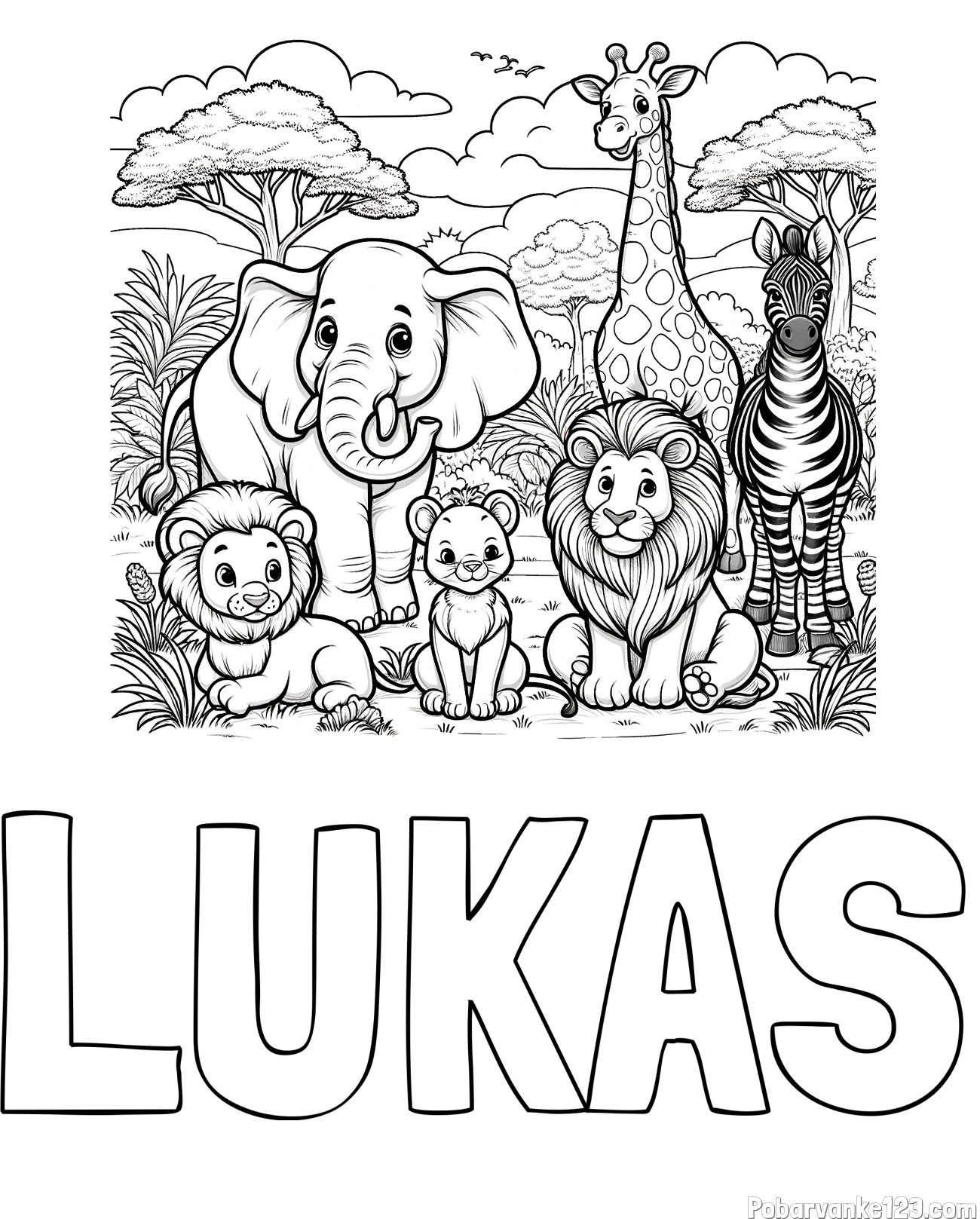 Pobarvanka imena LUKAS in pobarvanka ljubkih živali