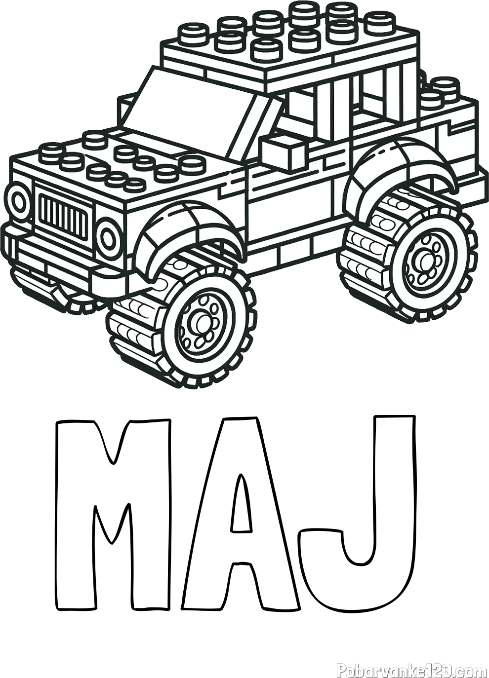 Pobarvanka imena MAJ in pobarvanka džipa sestavljenega iz LEGO kock