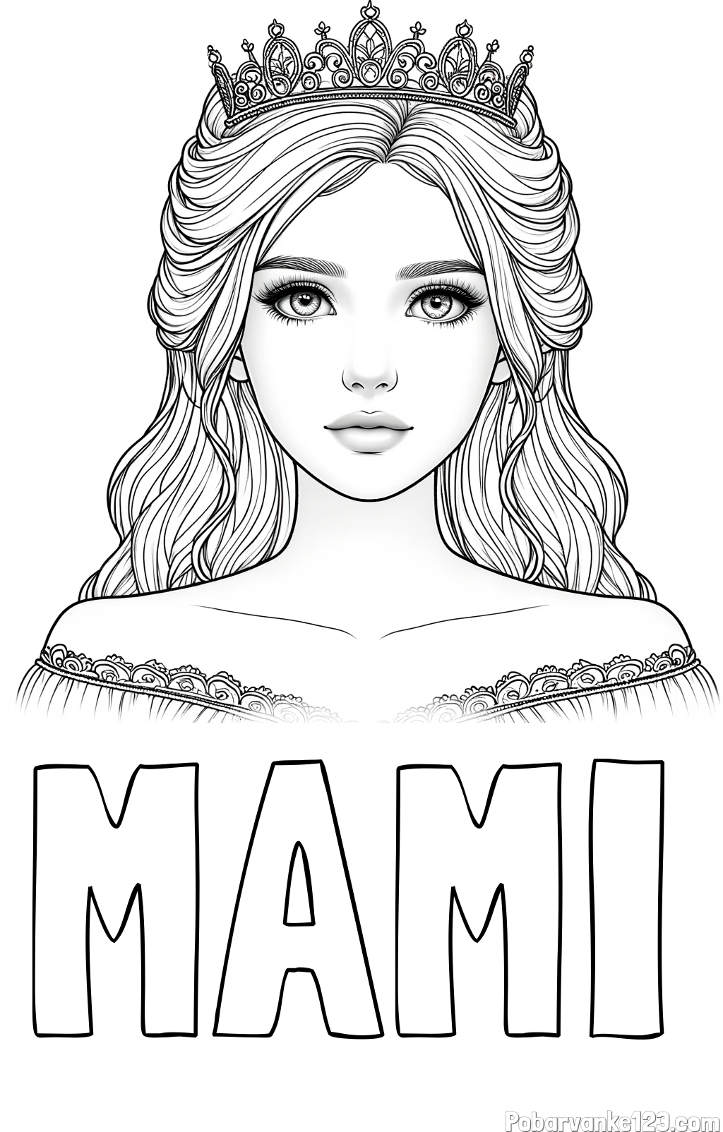 Pobarvanka imena MAMI in pobarvanka prikupne princeske s čudovitimi očmi