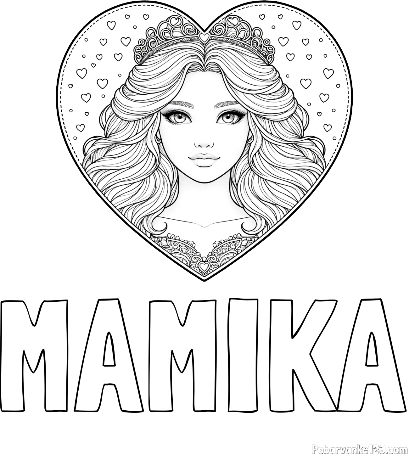 Pobarvanka imena MAMIKA in pobarvanka ljubke princese v srčku