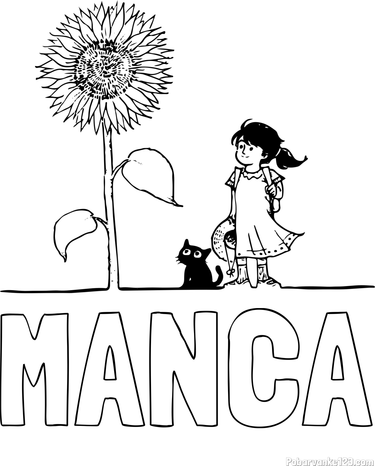 Pobarvanka imena MANCA in pobarvanka velike sončnice, deklice in ljubkega mačka