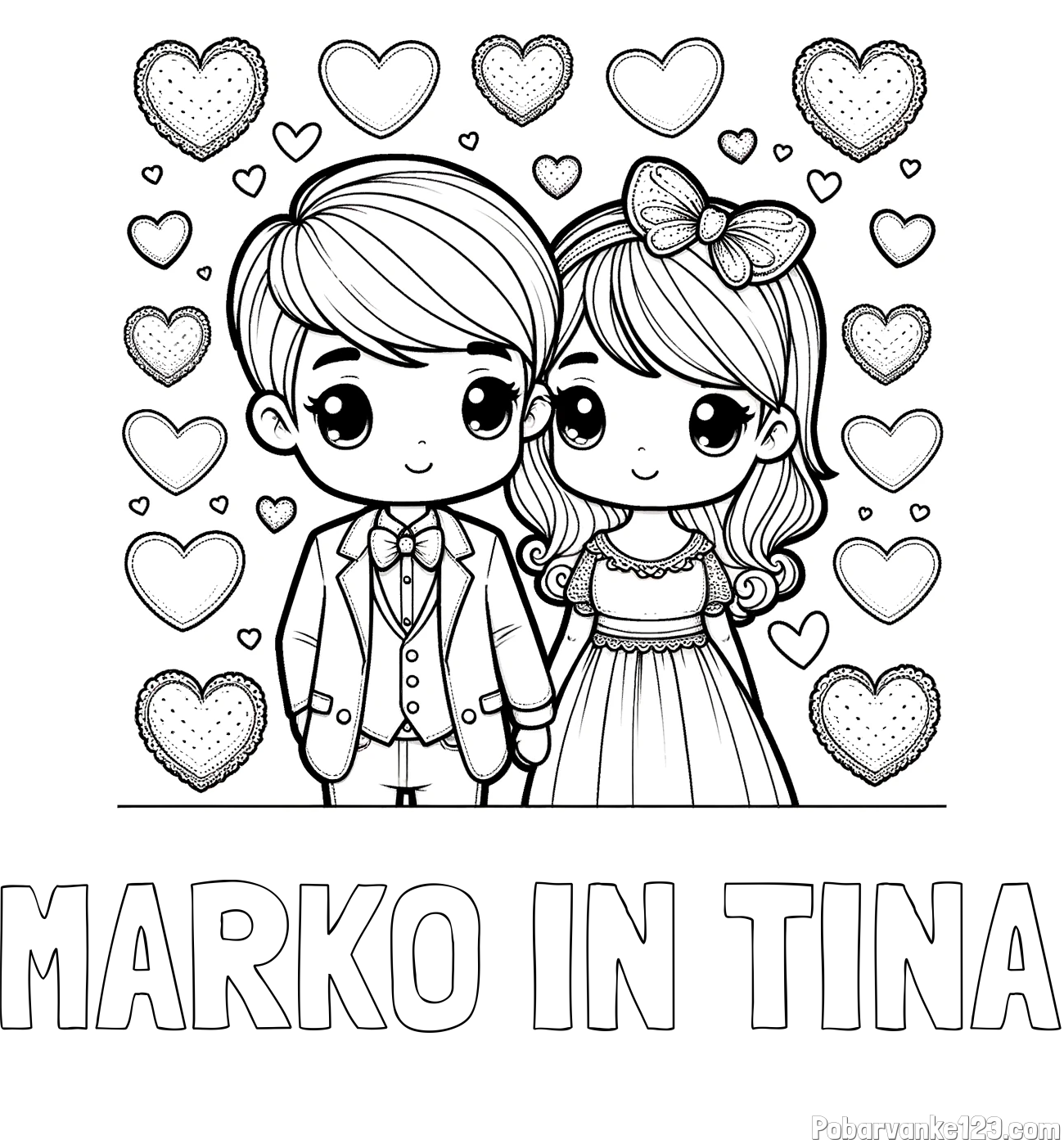 Pobarvanka imena MARKO IN TINA in pobarvanka dveh zaljubljencev s srčki