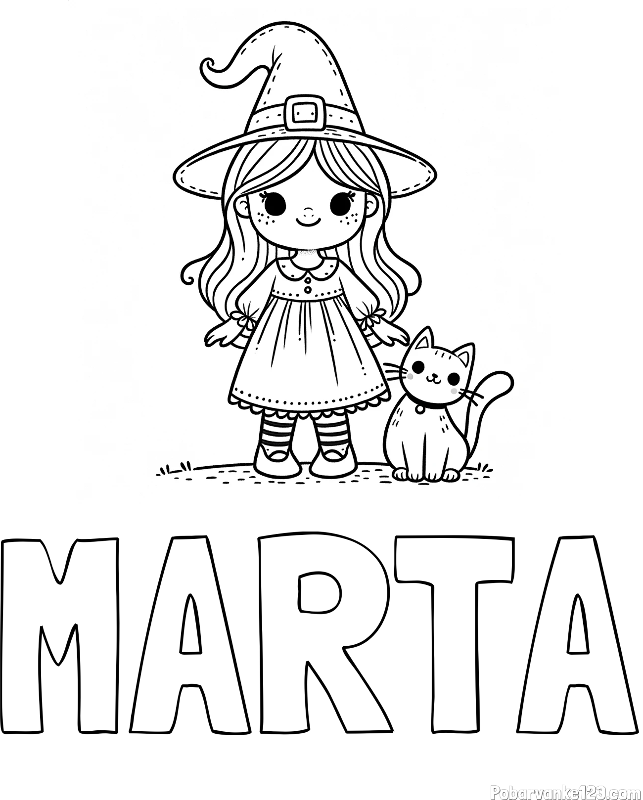 Pobarvanka imena MARTA in Čudovita pobarvanka ljubke čarovnice in nasmejane mačke