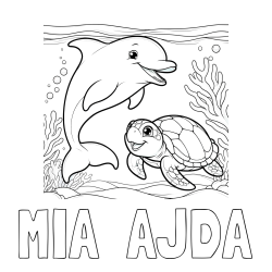 Online izdelana pobarvanka - Pobarvanka imena MIA  AJDA in pobarvanka ljubkega delfina z želvo v morju