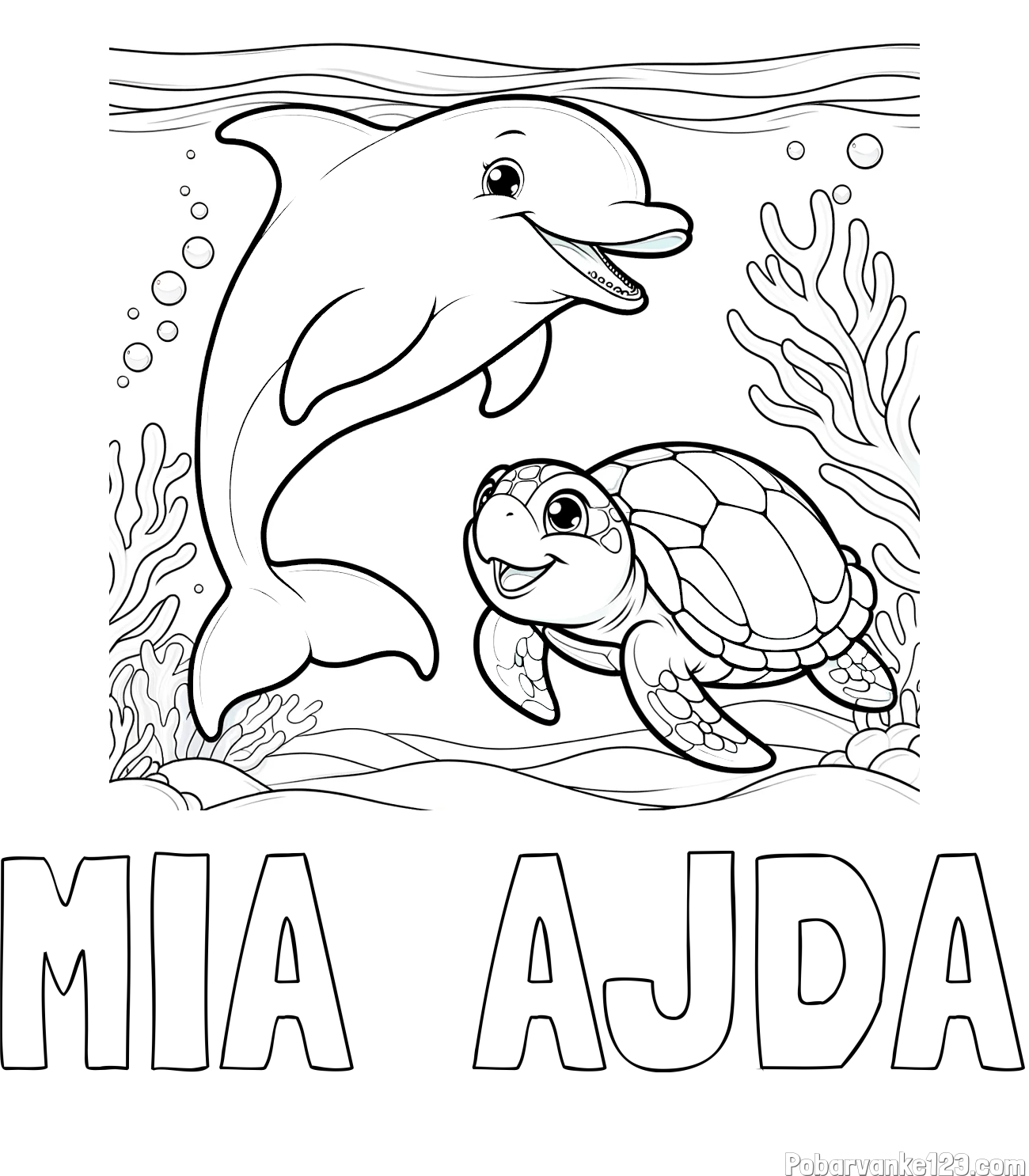 Pobarvanka imena MIA  AJDA in pobarvanka ljubkega delfina z želvo v morju
