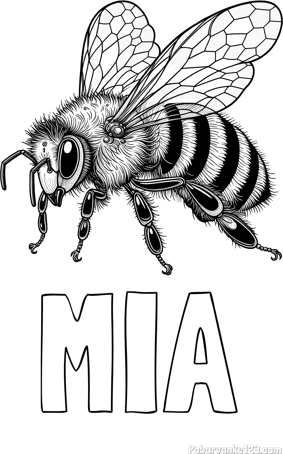 Pobarvanka imena MIA in pobarvanka lepe in realistično oblikovane čebele