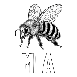 Online izdelana pobarvanka - Pobarvanka imena MIA in pobarvanka lepe in realistično oblikovane čebele