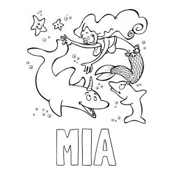 Online izdelana pobarvanka - Pobarvanka imena MIA in pobarvanka male morske deklice pri igri s prijatelji