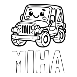 Online izdelana pobarvanka - Pobarvanka imena MIHA in otroška pobarvanka ljubkega džipa