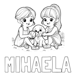 Online izdelana pobarvanka - Pobarvanka imena MIHAELA in pobarvanka prijateljic s kužkom