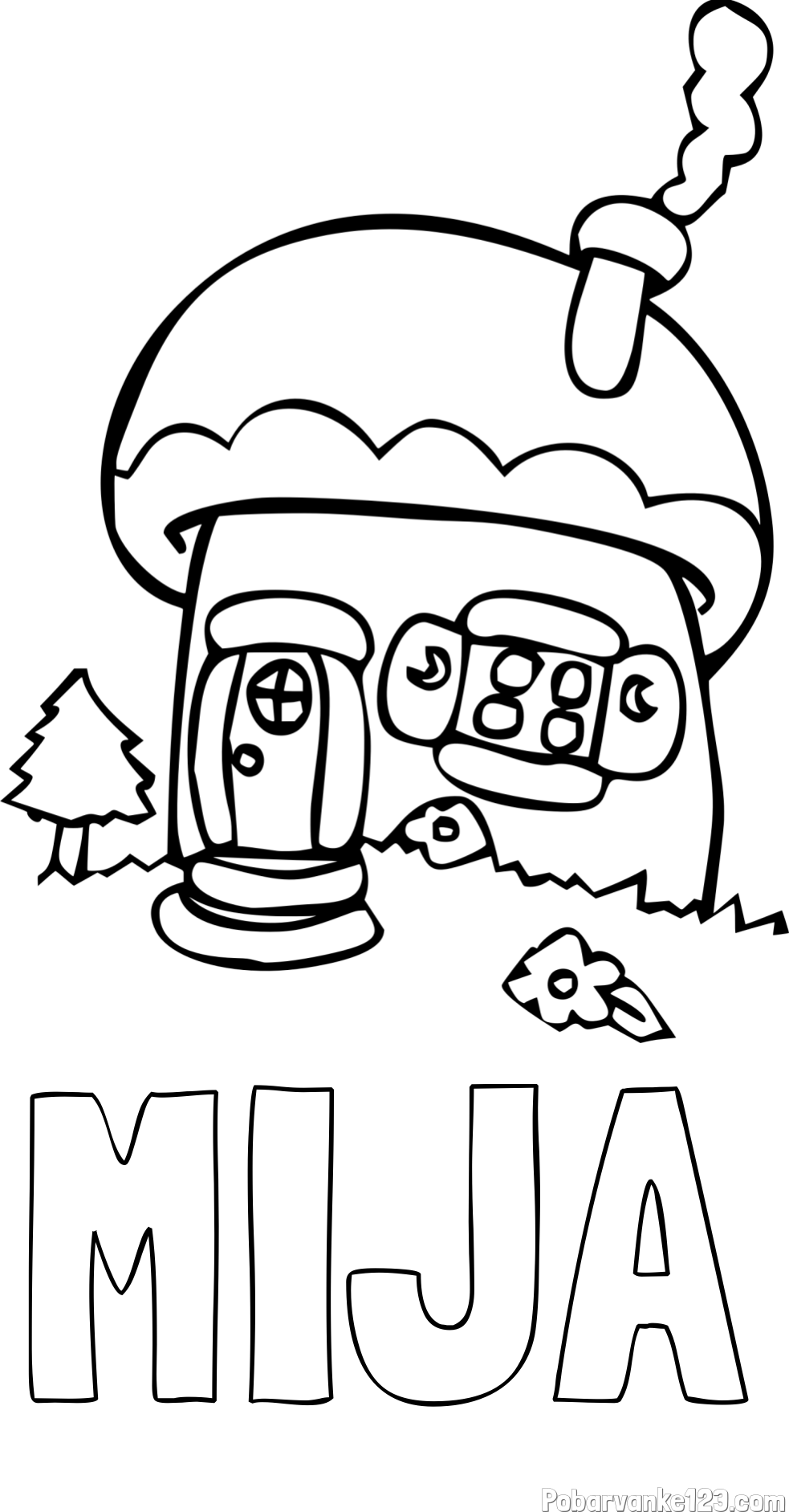 Pobarvanka imena MIJA in pobarvanka jurčka spremenjenega v hiško