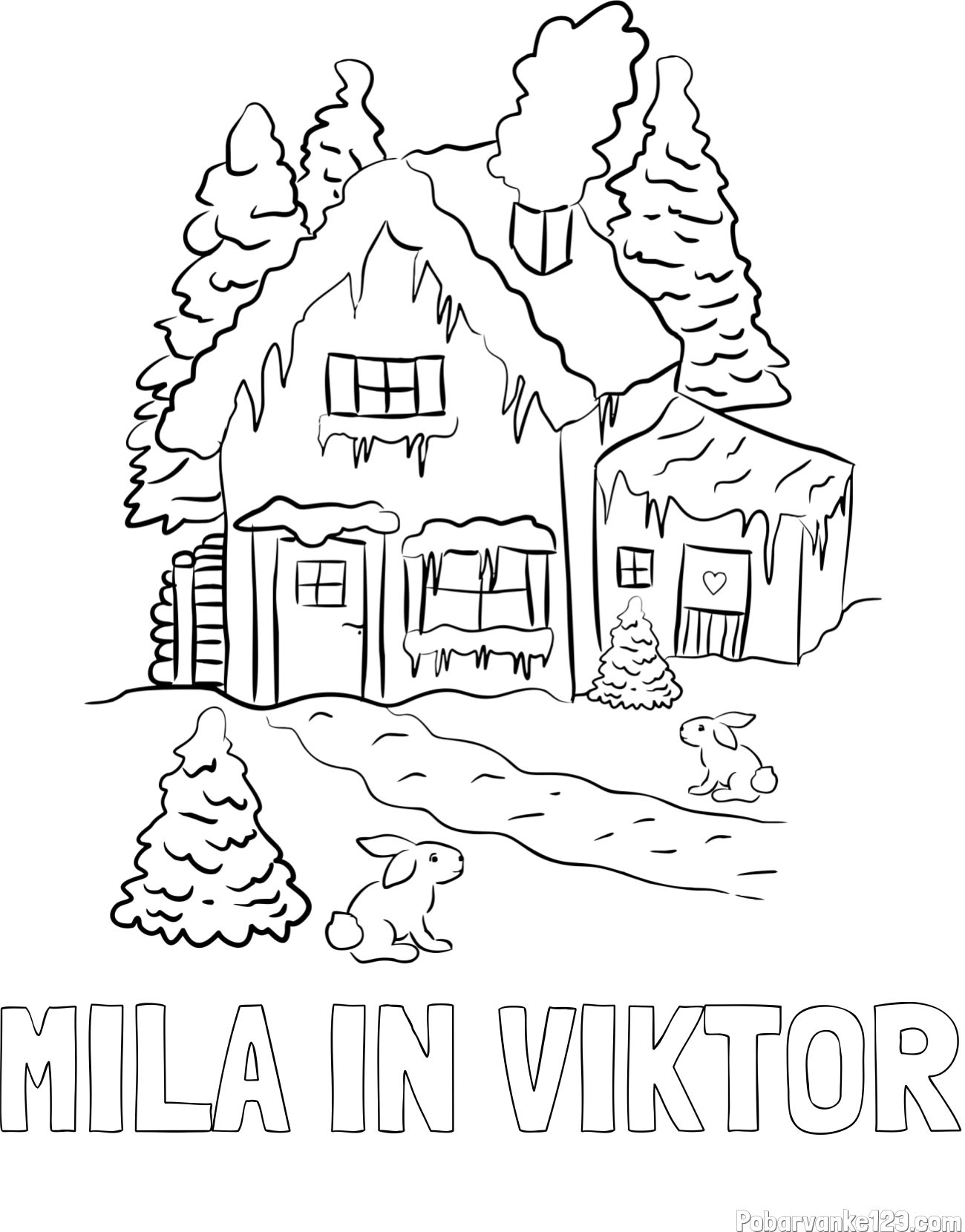 Pobarvanka imena MILA IN VIKTOR in pobarvanka zasnežene hiše