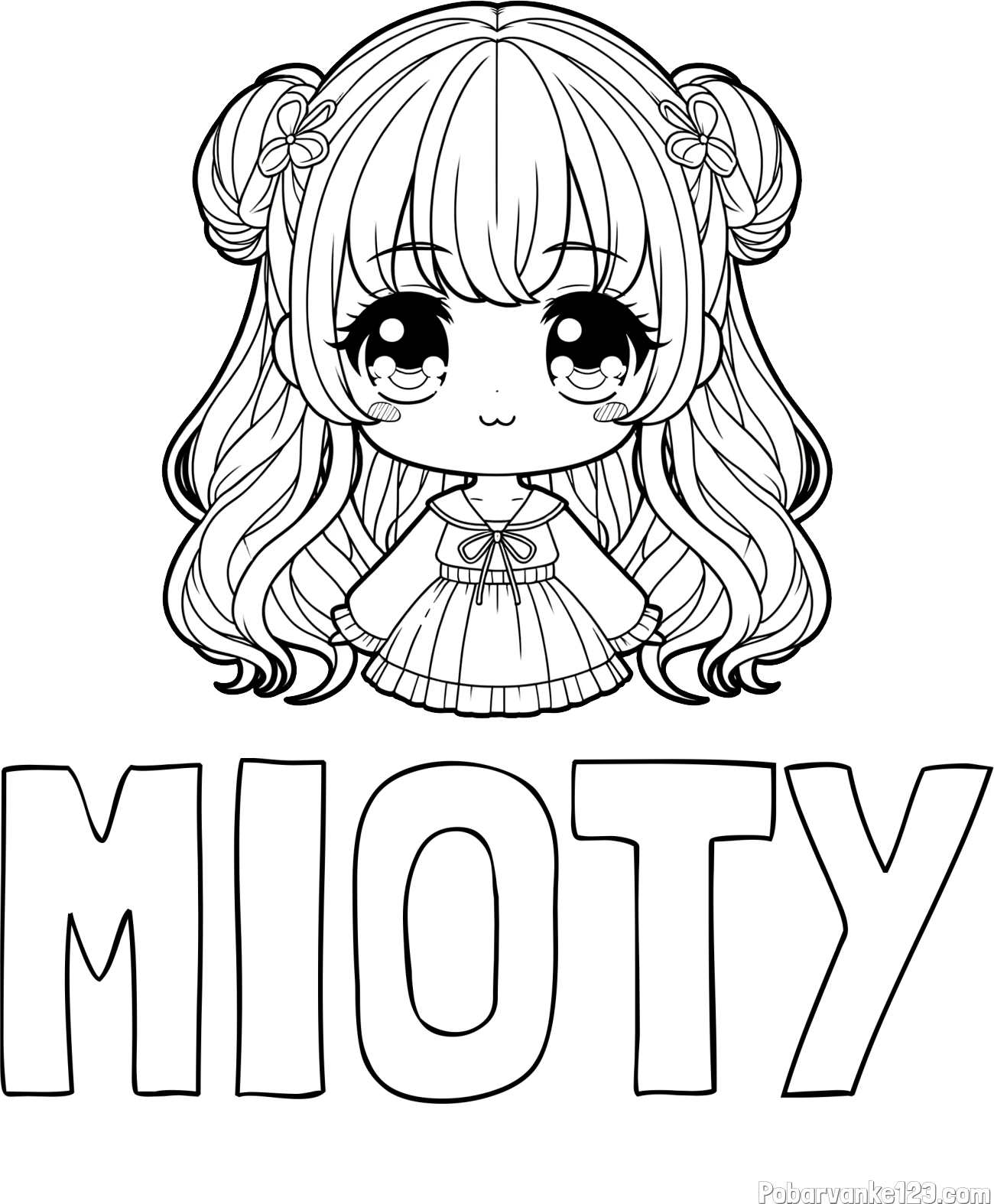 Pobarvanka imena MIOTY in pobarvanka prikupne punčke v anime slogu