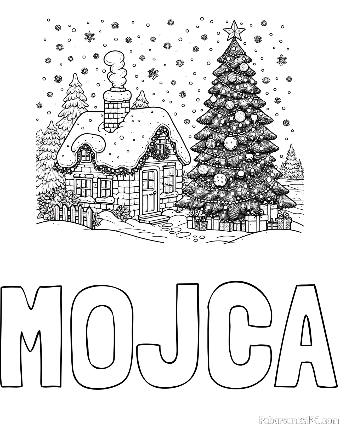 Pobarvanka imena MOJCA in pobarvanka zasnežene hiške na božično noč