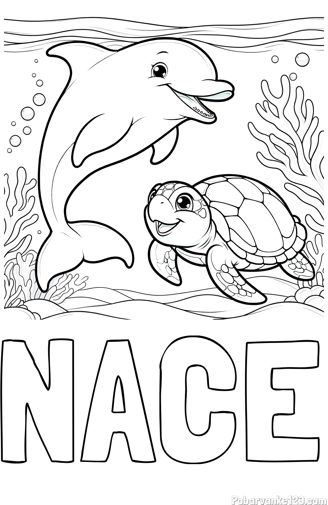 Pobarvanka imena NACE in pobarvanka ljubkega delfina z želvo v morju