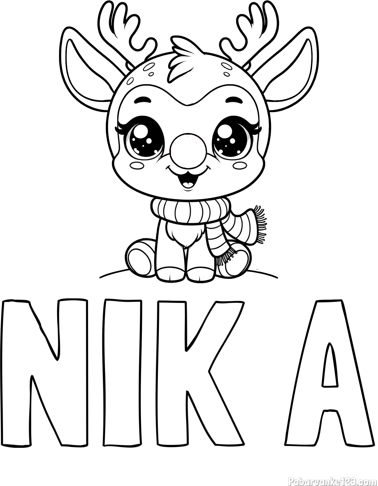 Pobarvanka imena NIK A in otroška pobarvanka jelenčka Rudolfa s šalom okoli vratu