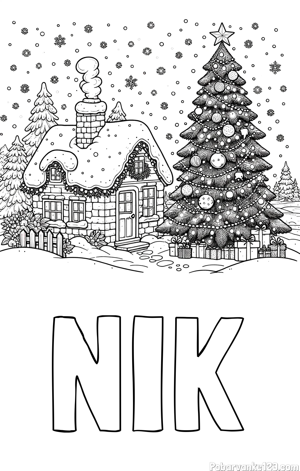 Pobarvanka imena NIK in pobarvanka zasnežene hiške na božično noč