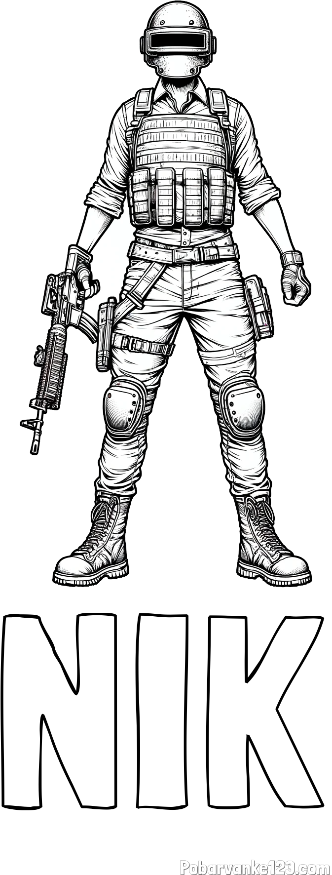 Pobarvanka imena NIK in PUBG pobarvanka glavnega junaka narisanega od spredaj