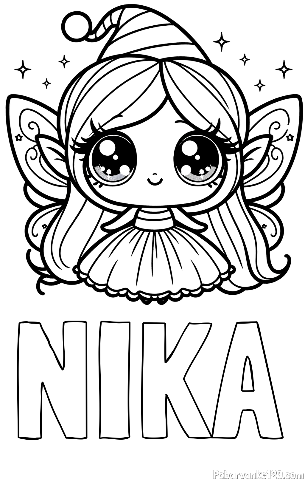 Pobarvanka imena NIKA in pobarvanka ljubke čarobne vile z velikimi očmi