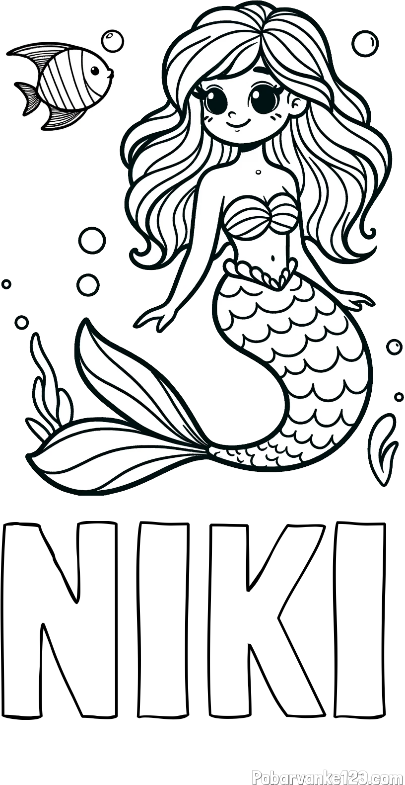 Pobarvanka imena NIKI in pobarvanka male morske deklice in ribice