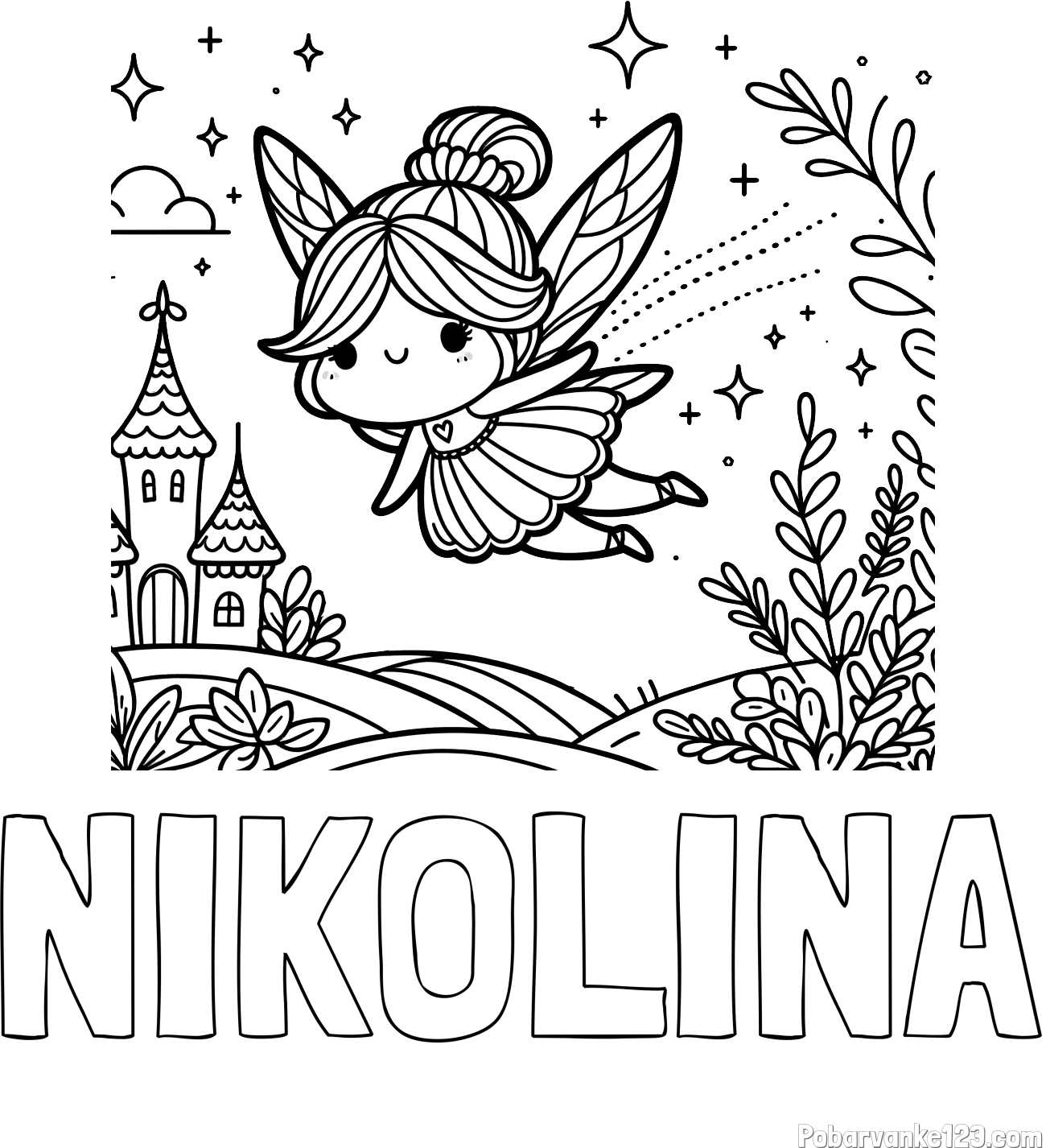 Pobarvanka imena NIKOLINA in pobarvanka čarobne vile, ki leti nad pravljično pokrajino