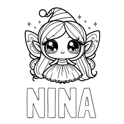 Online izdelana pobarvanka - Pobarvanka imena NINA in pobarvanka ljubke čarobne vile z velikimi očmi
