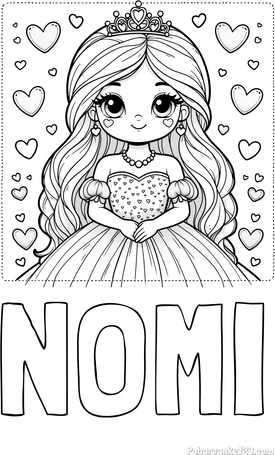 Pobarvanka imena NOMI in pobarvanka ljubke princese obdane s srčki