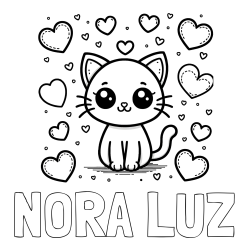 Online izdelana pobarvanka - Pobarvanka imena NORA LUZ in pobarvanka ljubke mucke obdane z veliko srčki