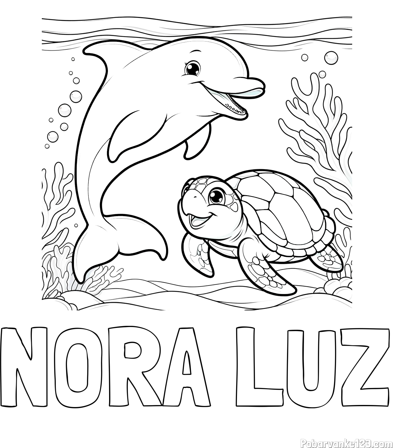 Pobarvanka imena NORA LUZ in pobarvanka ljubkega delfina z želvo v morju
