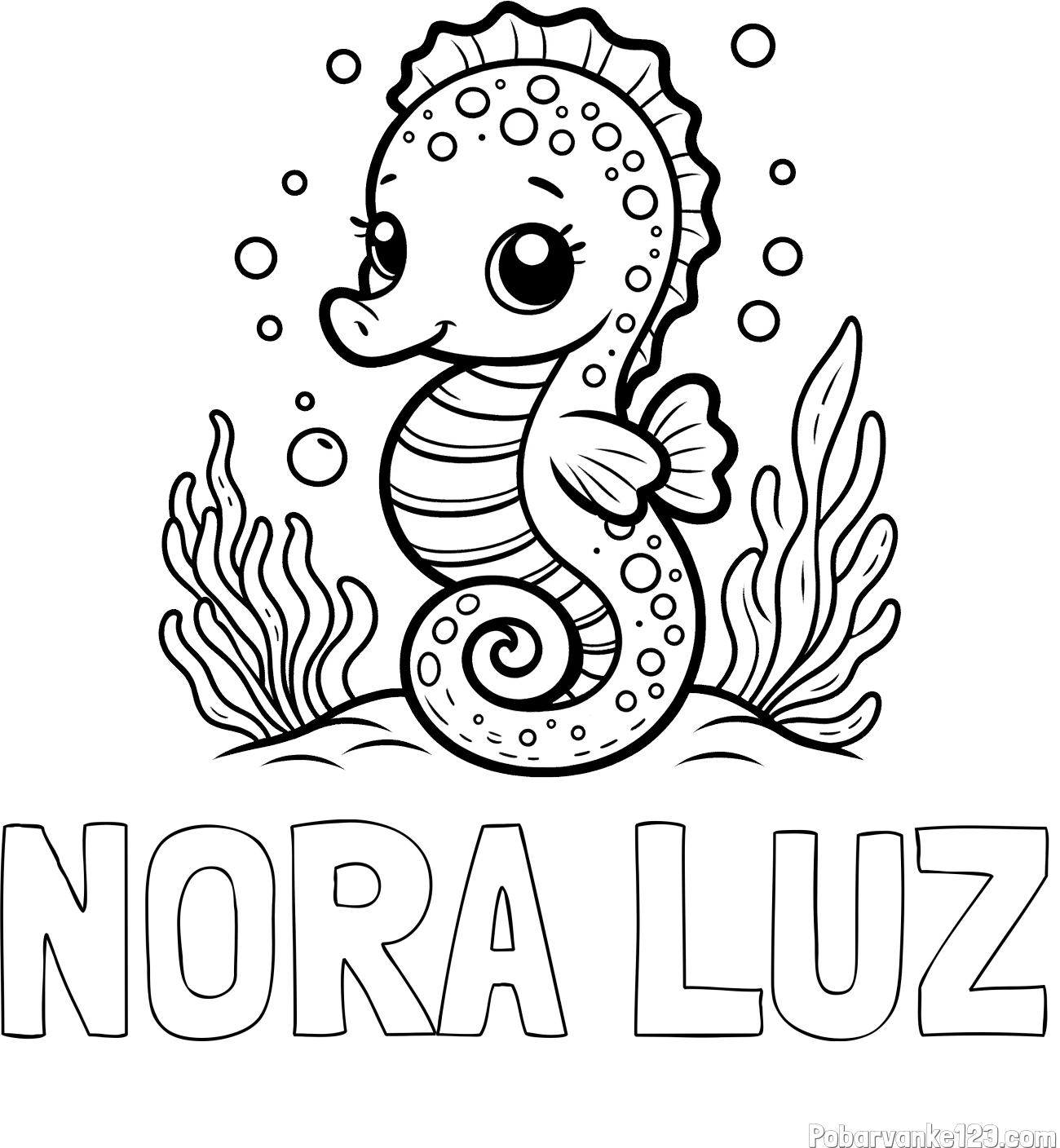 Pobarvanka imena NORA LUZ in pobarvanka morskega konjička