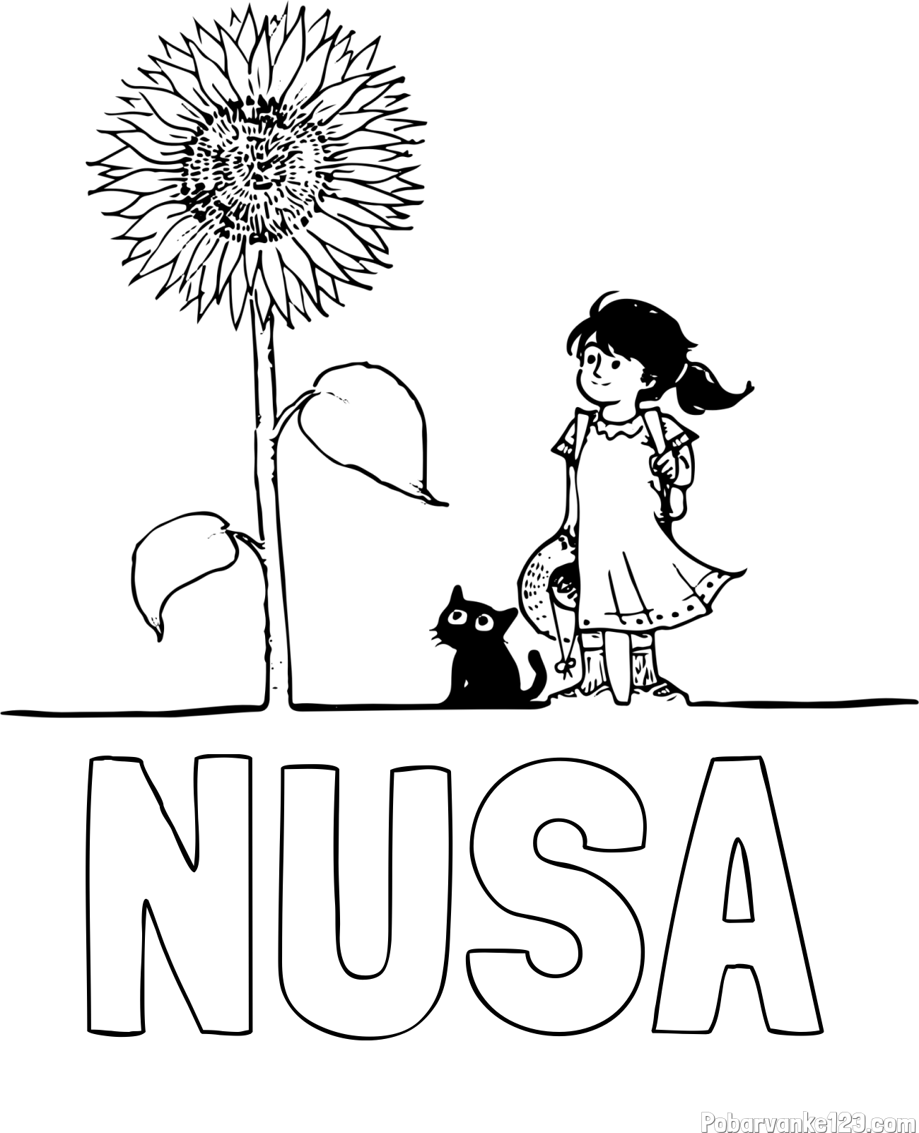 Pobarvanka imena NUŠA in pobarvanka velike sončnice, deklice in ljubkega mačka