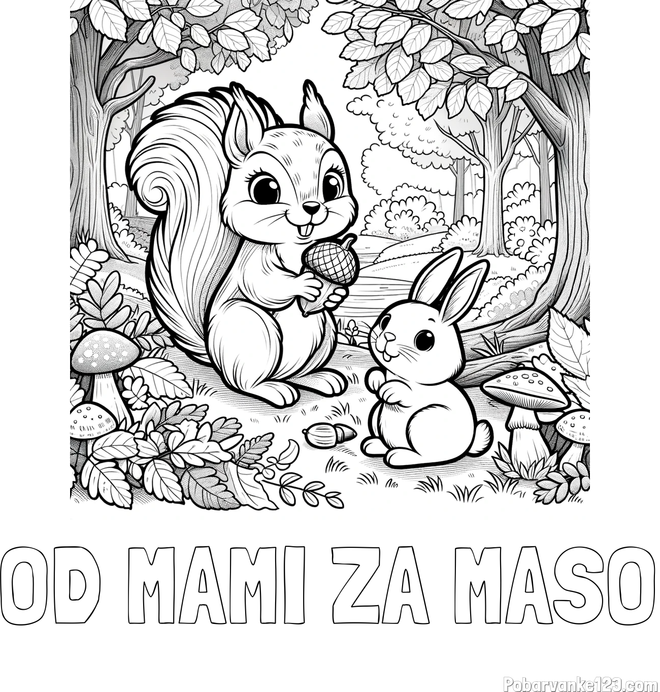 Pobarvanka imena OD MAMI ZA MAŠO in pobarvanka veveričke in zajčka v gozdu