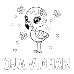 Online izdelana pobarvanka - Pobarvanka imena OJA VIDMAR in pobarvanka mladička flaminga z rožicami in srčki