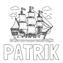 Online izdelana pobarvanka - Pobarvanka imena PATRIK in pobarvanka stare gusarske ladje