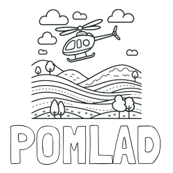 Online izdelana pobarvanka - Pobarvanka imena POMLAD in pobarvanka helikopterja, ki leti nad pokrajino
