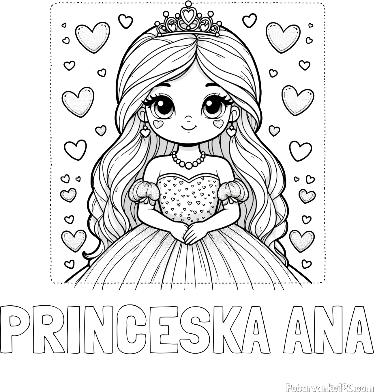 Pobarvanka imena PRINCESKA ANA in pobarvanka ljubke princese obdane s srčki