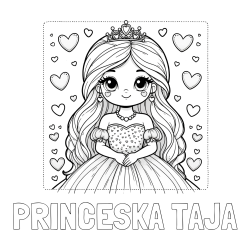 Online izdelana pobarvanka - Pobarvanka imena PRINCESKA TAJA in pobarvanka ljubke princese obdane s srčki
