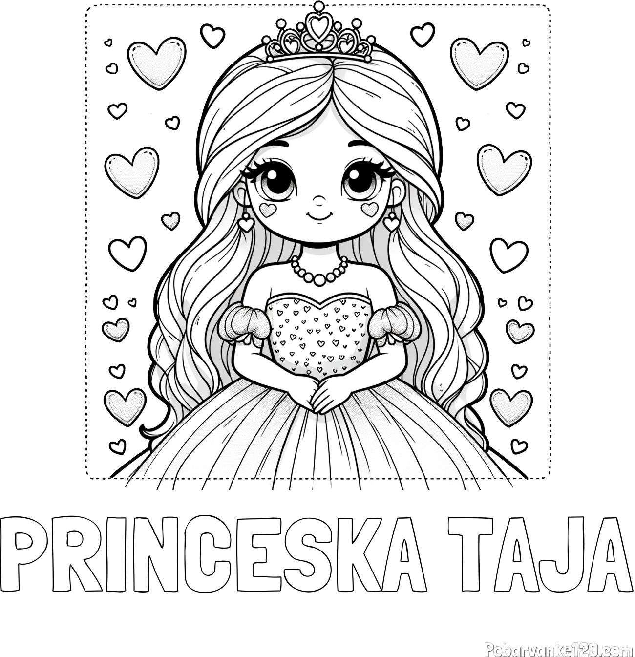 Pobarvanka imena PRINCESKA TAJA in pobarvanka ljubke princese obdane s srčki